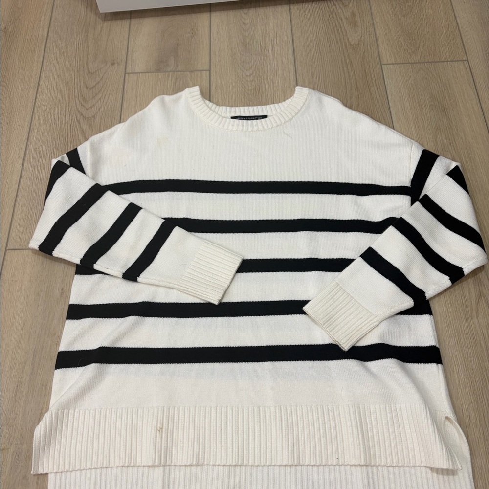 French Connection Black and White Striped Crewneck Sweater. Size Large